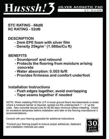 Husssh! III 3 SILVER ACOUSTIC PAD IIC 52 – STC 66 RATING SQUAREFOOT FLOORING - MISSISSAUGA - TORONTO - BRAMPTON